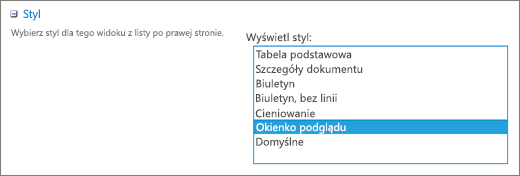 Opcje stylów na stronie Ustawienia widoku