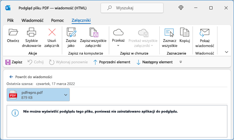 Błąd w pliku PDF podczas próby wyświetlenia z programu Outlook