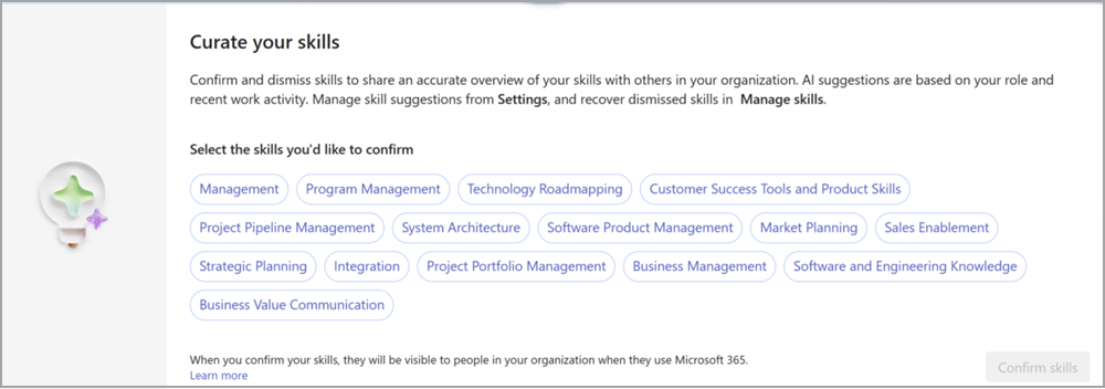 Zrzut ekranu przedstawiający sekcję kuratora dotyczącą Twoich umiejętności z opcją potwierdzenia różnych umiejętności, które odzwierciedlają to, co znasz, i które udostępniasz innym osobom w organizacji.