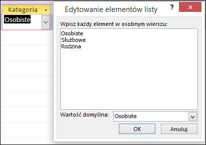 Okno dialogowe Edytowanie elementów listy w formularzu programu Access