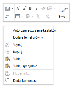 Menu kontekstowe lub menu dostępne po kliknięciu prawym przyciskiem myszy w programie Visio