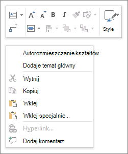 Kontekst programu Visio lub menu dostępne po kliknięciu prawym przyciskiem myszy