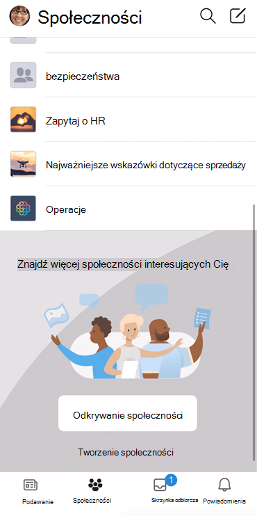Zrzut ekranu przedstawiający odnajdowanie społeczności usługi Yammer w aplikacji mobilnej