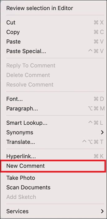 Opcje dostępne w menu kontekstowym otwieranym po kliknięciu prawym przyciskiem myszy, w którym jest zaznaczona opcja "Nowy komentarz".