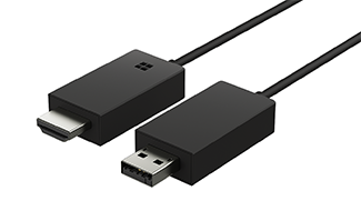 Ilustracja przedstawiająca adapter Microsoft Wireless Display Adapter (z logo firmy Microsoft w formie czterech kwadratów)