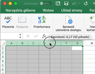 Zrzut ekranu przedstawiający sposób zmieniania rozmiaru szerokości kolumn w programie Excel za pomocą myszy