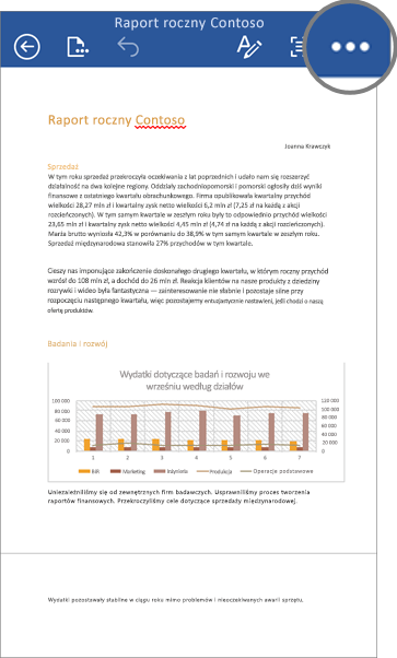 Zrzut ekranu przedstawiający plik w aplikacji Word dla urządzeń z systemem iOS z wyróżnioną ikoną Więcej.