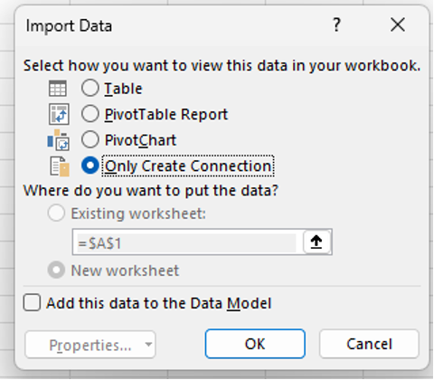 Wybierz pozycję Utwórz połączenie tylko w oknie dialogowym Importowanie danych.