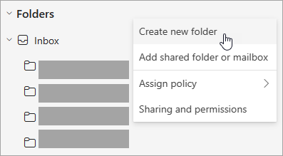 Zrzut ekranu przedstawiający wybraną pozycję Utwórz nowy folder w menu Więcej opcji w okienku folderów