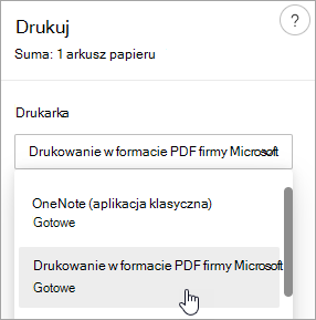 Zrzut ekranu przedstawiający wybór opcji Drukuj w formacie PDF firmy Microsoft