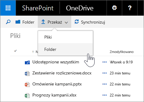 Zrzut ekranu przedstawiający przekazywanie folderu w usłudze OneDrive dla Firm w programie SharePoint Server 2016 z dodatkiem Feature Pack 1