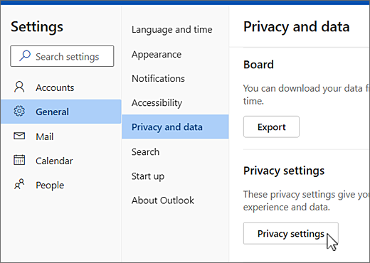 Ustawienia — ogólne menu prywatności i danych