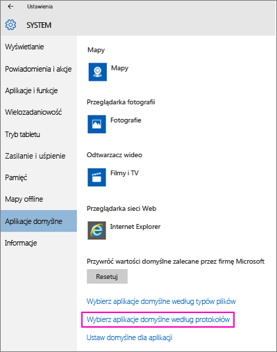 Zrzut ekranu przedstawiający link Wybierz aplikacje domyślne według protokołów w systemie Windows 10.