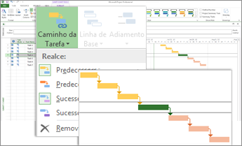 Menu Rastrear Caminho e barras de Gantt com caminhos de tarefa realçados