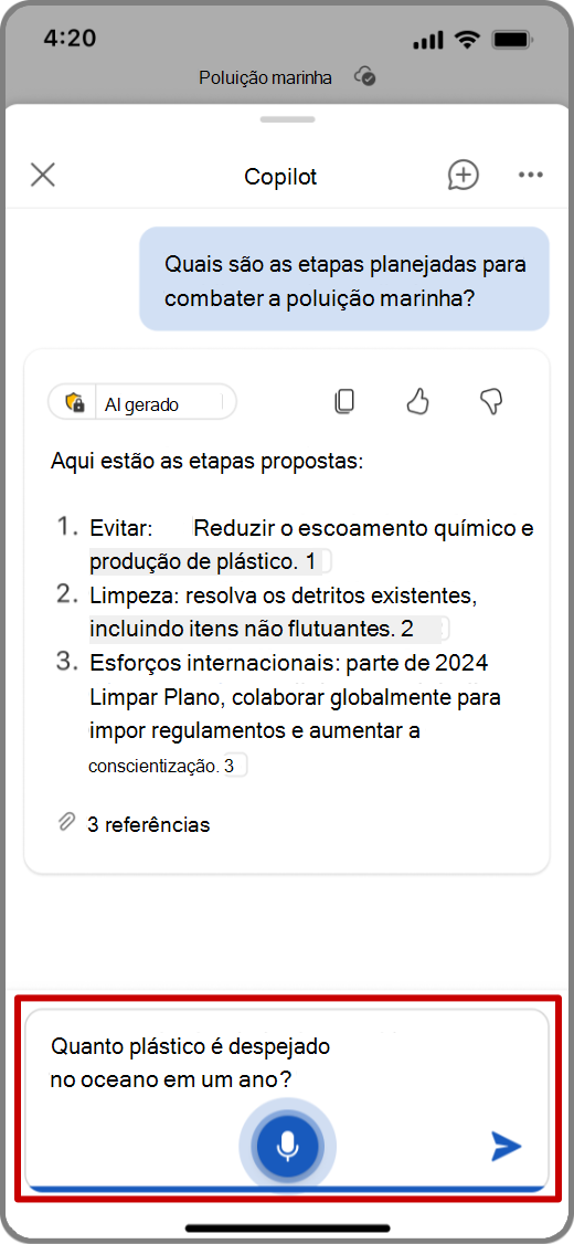 Captura de tela do Copilot no Word em um dispositivo iOS usando a entrada de voz