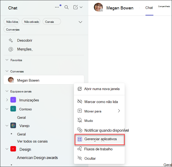 Captura de tela do gerenciamento de aplicativos em um chat do Teams