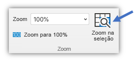 Captura de tela do botão zoom na seleção, que está na guia Exibir da faixa de opções.