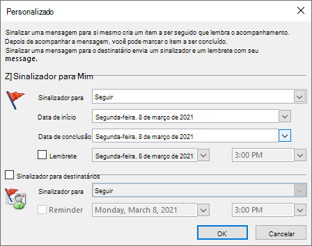 Janela de configuração do sinalizador personalizado do Outlook