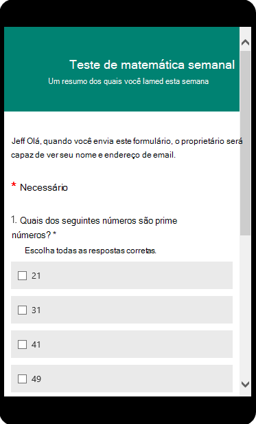 Teste de matemática exibido no modo de visualização de celular