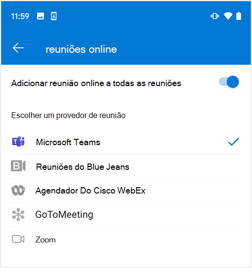 Selecione provedor de reunião online padrão no Outlook no Android