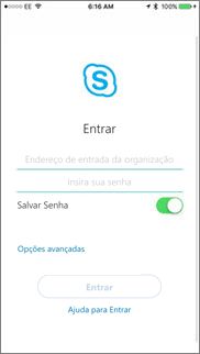 Tela de entrada do para o Skype for Business no iOS
