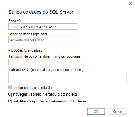 caixa de diálogo conexão do Banco de Dados Power Query SQL Server