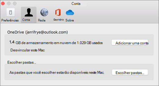 Captura de tela da adição de uma conta OneDrive preferências em um Mac