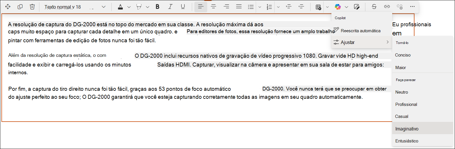 A captura de tela de uma exibição rápida do Copilot no editor do SharePoint