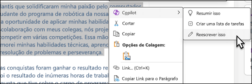 Algum texto selecionado no OneNote. O menu de contexto é mostrado, com "Copilot" selecionado, e "Reescrever isso" selecionado no sub-menu.