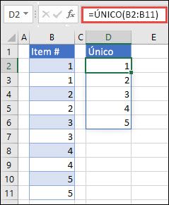Exemplo de uso de =UNIQUE(B2:B11) para retornar uma lista exclusiva de números