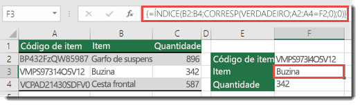 Use as funções ÍNDICE e CORRESP para pesquisar valores maiores que 255 caracteres