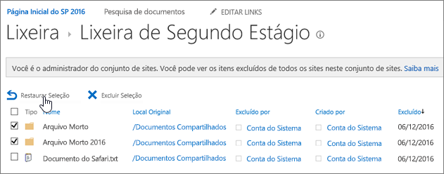 Lixeira de segundo estágio do SharePoint com o botão Restaurar realçado