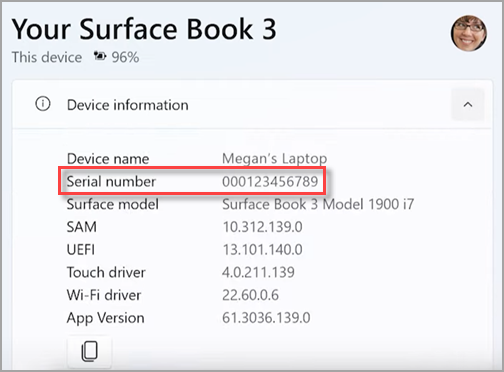 Encontrar o número de série do seu dispositivo Surface no aplicativo Surface.