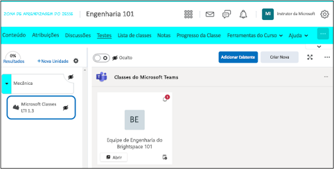 Captura de tela de um curso do Brightspace D2L realçando o recurso Classes da Microsoft.