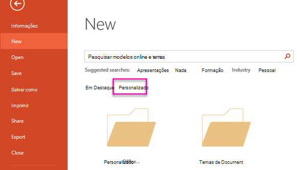 Na página Arquivo Novo, selecione Personalizado para acessar o modelo que você criou.