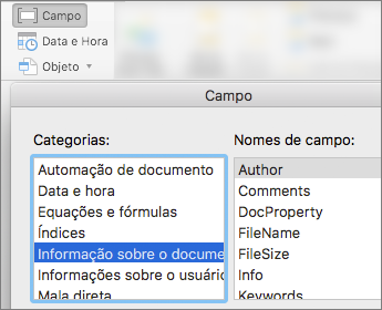 Captura de tela que mostra códigos de campo filtrados pela categoria Informações de Documento