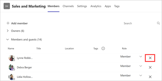 Captura de tela de uma lista de membros da equipe com opções adicionar membro, pesquisar e remover. Selecione o X à direita do nome de um membro da equipe para removê-los.