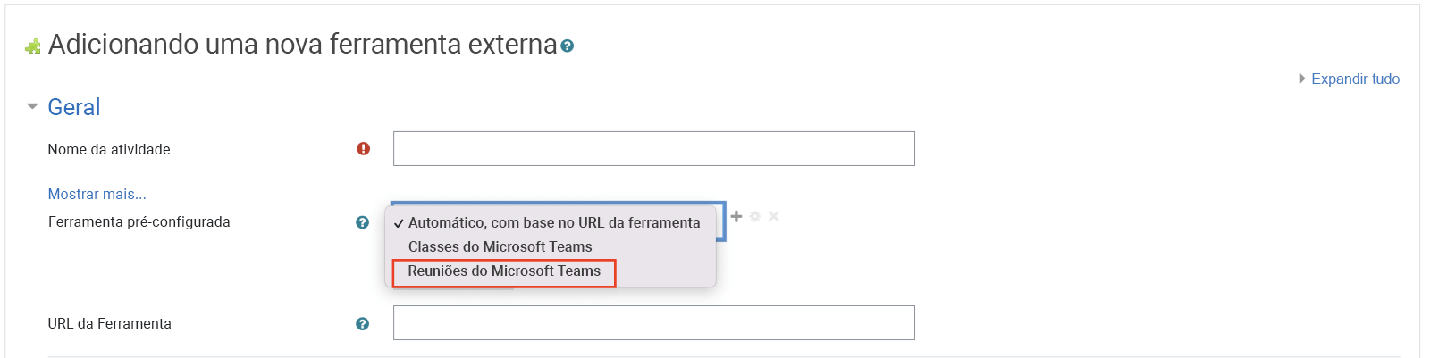 Captura de tela do Moodle, selecionando "Reuniões de equipes" na lista suspensa de ferramentas pré-configuradas.