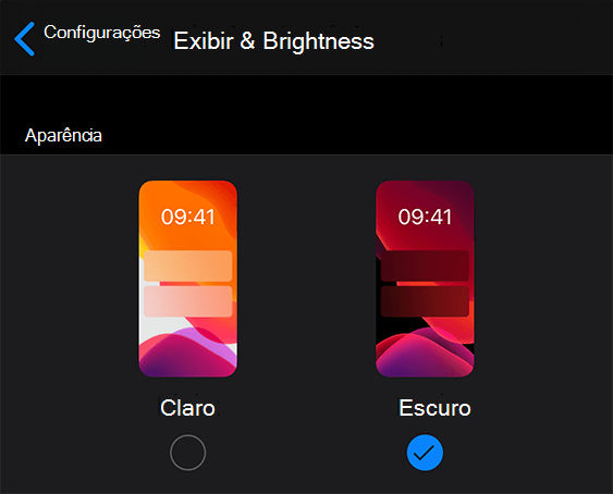 Captura de tela das configurações > exibir & brilho > aparência > escura