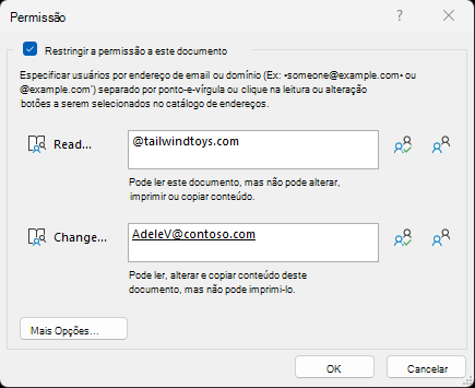 A caixa de diálogo Restringir permissões permite especificar quais usuários ou domínios podem ler ou alterar seu arquivo.
