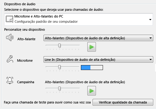 Captura de tela da caixa de seleção de dispositivo de áudio, onde você pode definir a qualidade do áudio