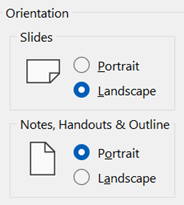 Há opções de orientação para slides e para anotações e apostilas.