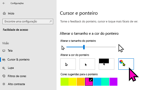 Alterar o tamanho e a cor do ponteiro no Windows 10 Configurações aplicativo