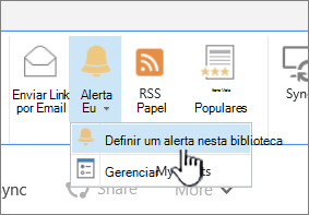 Separador Biblioteca com a opção Definir Alerta nesta biblioteca realçada