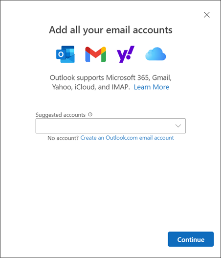 Caixa de diálogo Adicionar conta no novo Outlook para Windows