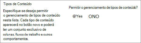 O botão Permitir gerenciamento de tipos de conteúdo em Configuração avançada