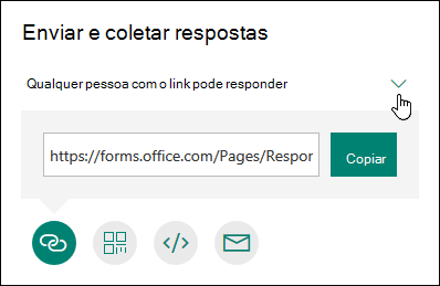 São exibidas quatro opções de compartilhamento de formulário: Cópia, email, código QR e muito mais