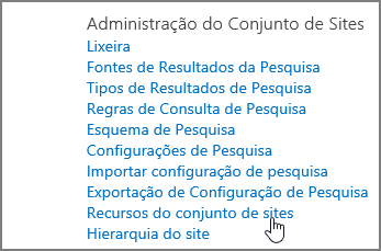 Recurso do Conjunto de Sites selecionado no menu Administração do Conjunto de Sites em configurações