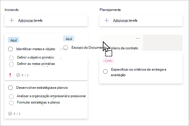 Arrastar uma tarefa entre grupos na vista de quadro