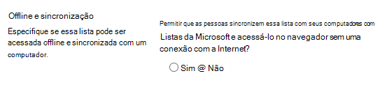 Definição offline e de sincronização para listas